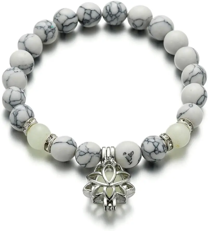 

Luminous Glowing in the Dark Moon Lotus Flower Shaped Charm Bracelet for Women Natural Turquoise Stones Yoga Prayer Jewelry
