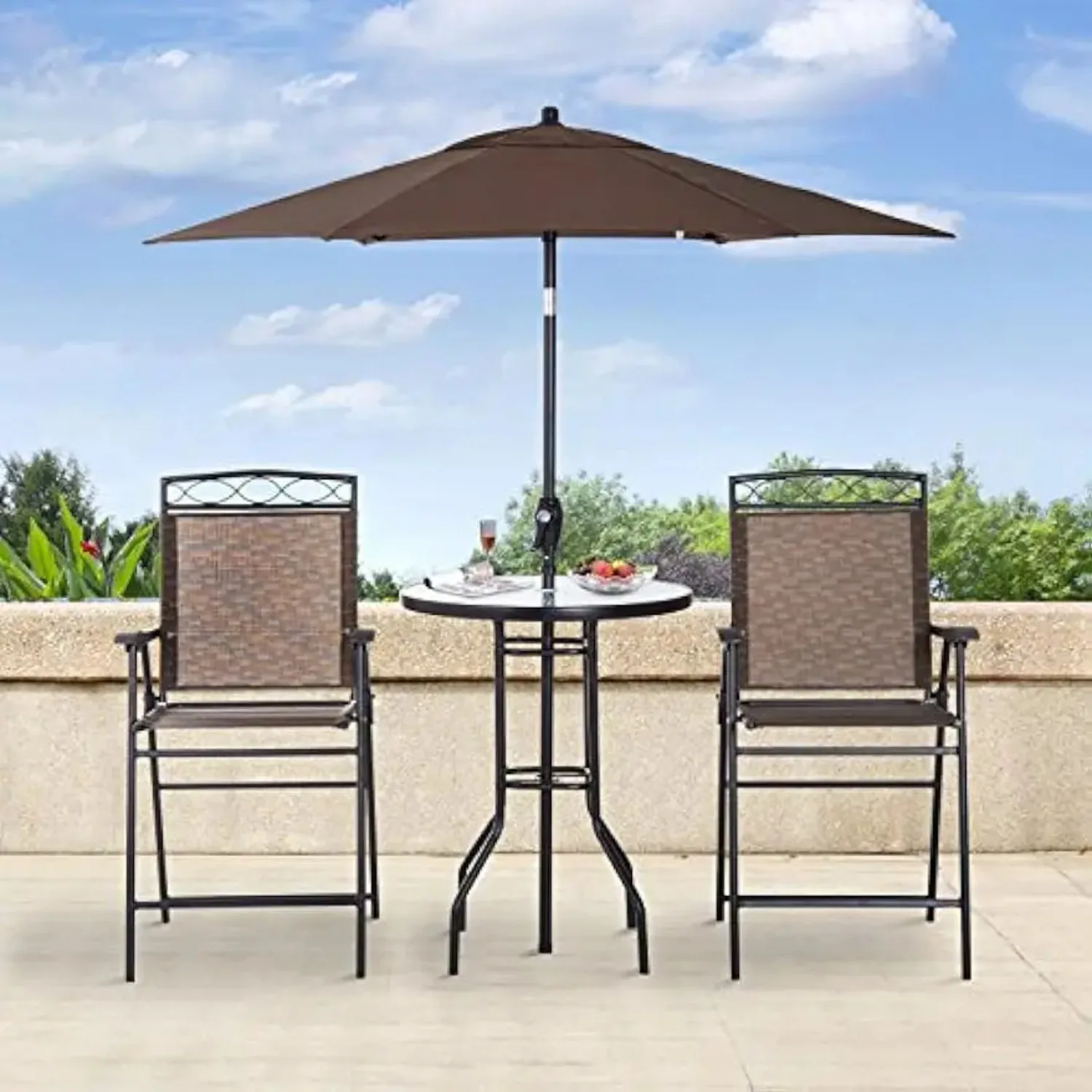 4 PCS Outdoor Patio Dining Furniture Set, 2 Folding Chairs, Adjustable Angle Umbrella, Wave Textured Tempered Glass Dinner Table