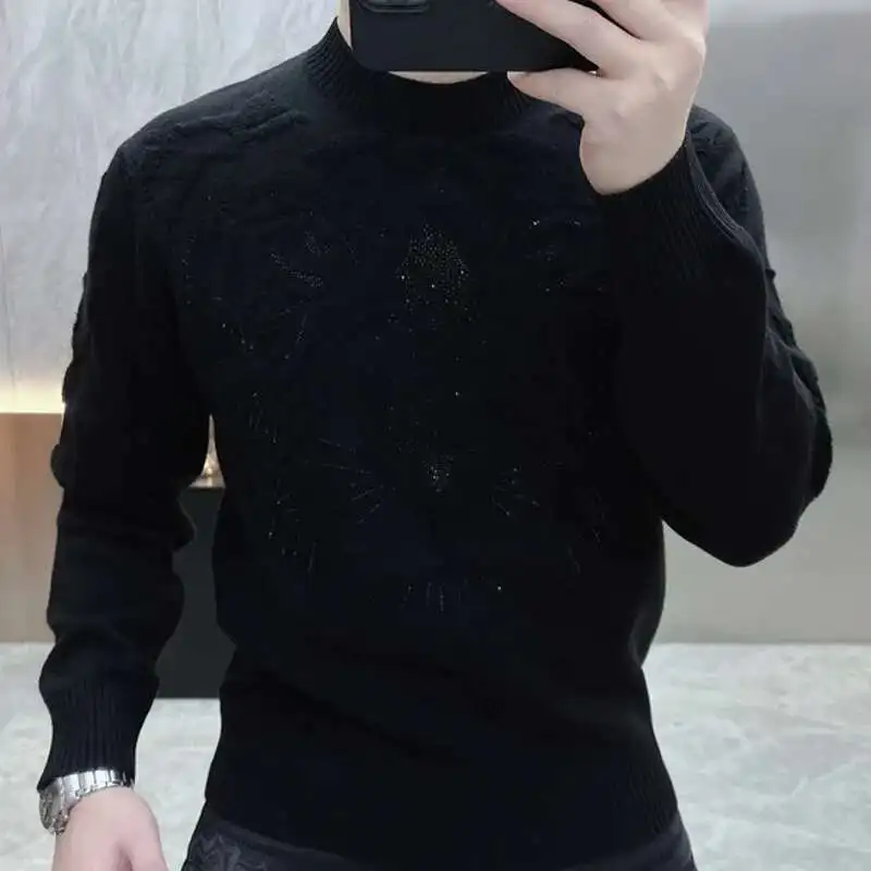 メンズ長袖ジャカードニットセーター,厚手のセーター,タートルネック,ラインストーン,カジュアルなストリートウェア