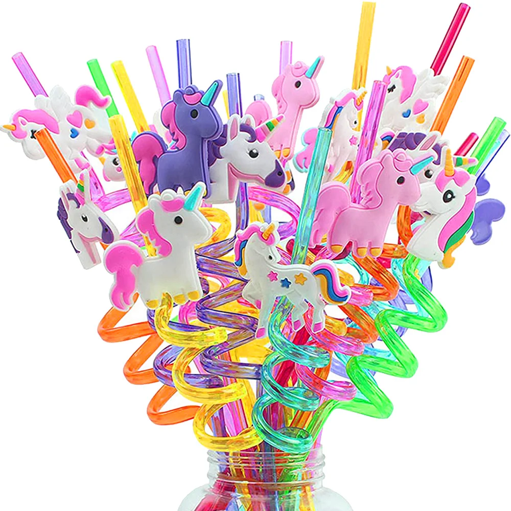 8/16/24/32/40pcs 27cm  Unico Straw Reusable Kids Birthday Party Decor Supplies Rainbow Horse Plastic Spiral Drinking Straws