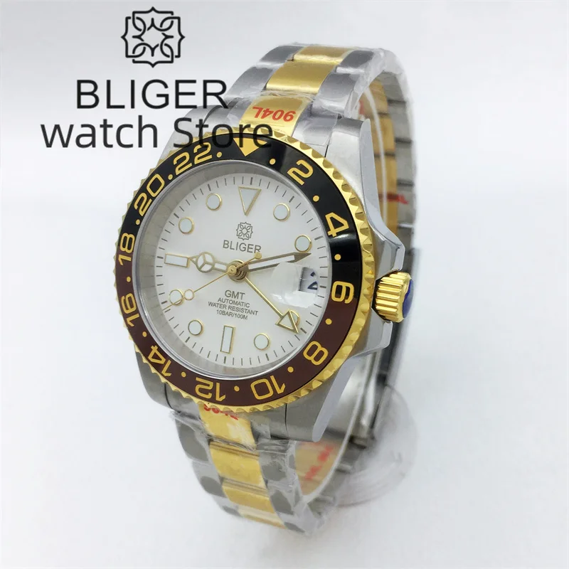 BLIGER 40mm NH34 GMT Caja giratoria dorada de dos tonos para hombre Pulsera de acero inoxidable Bisel de cerámica de cristal de zafiro Esfera luminosa blanca