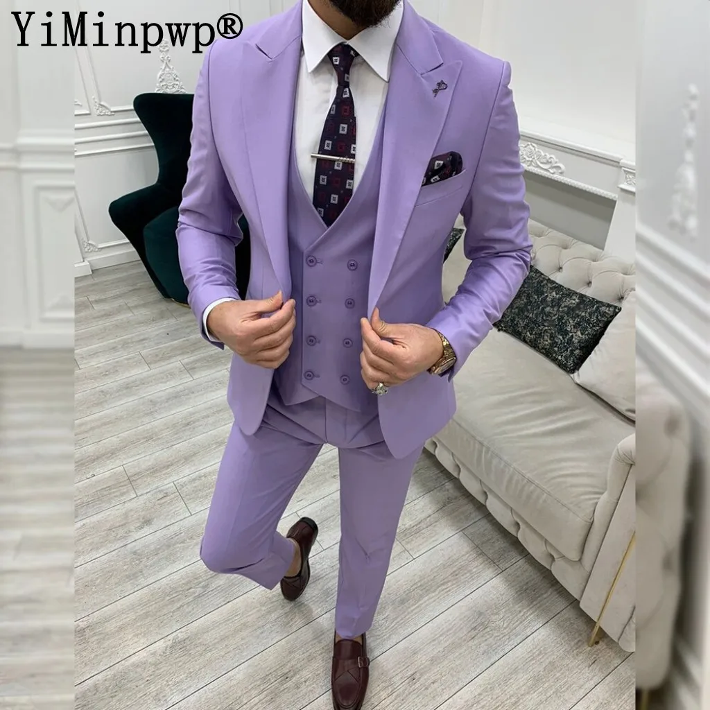 

Wisteria Suits for Men 3 Pieces Wedding Groom Wear Business Suit Peaked Lapel trajes elegante para hombres Jacket+Vest+Pants