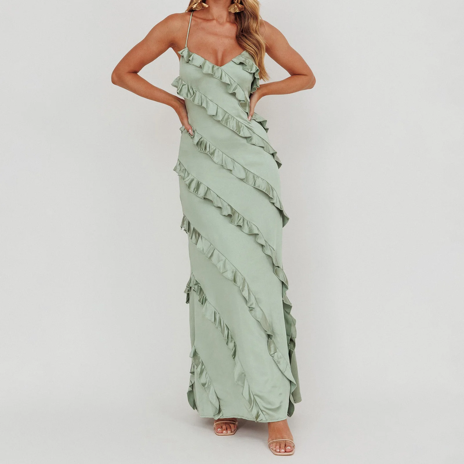 ผู้หญิงยาว Cami ชุดเดรสแขนกุดข้ามกลับ Ruffle Trim ชุดสําหรับชายหาดฤดูร้อนปาร์ตี้กลางแจ้งกิจกรรม Streetwear