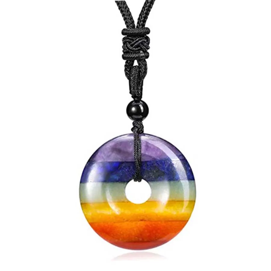 Natural 7 Chakra Healing Crystal Rose Quartz Amethyst Stone Lucky Coin Donut Pendant Adjustable Rope Necklace Jewelry for Women