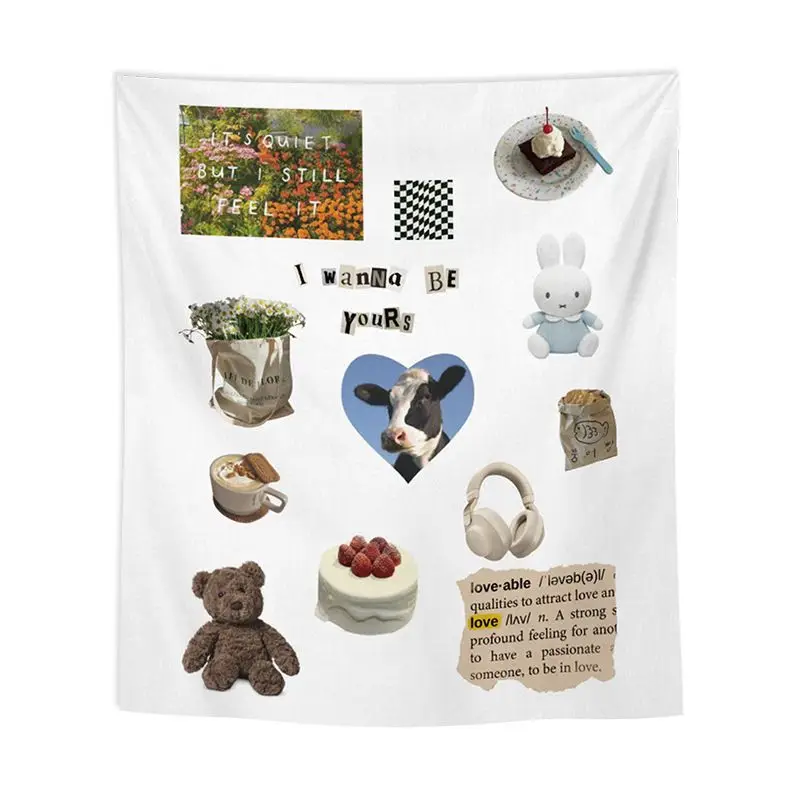 VIKAMA Cream Cute Collage Tapestry Korean Bear Rabbit Collage Background Cloth Wall Decoration Room Decoration