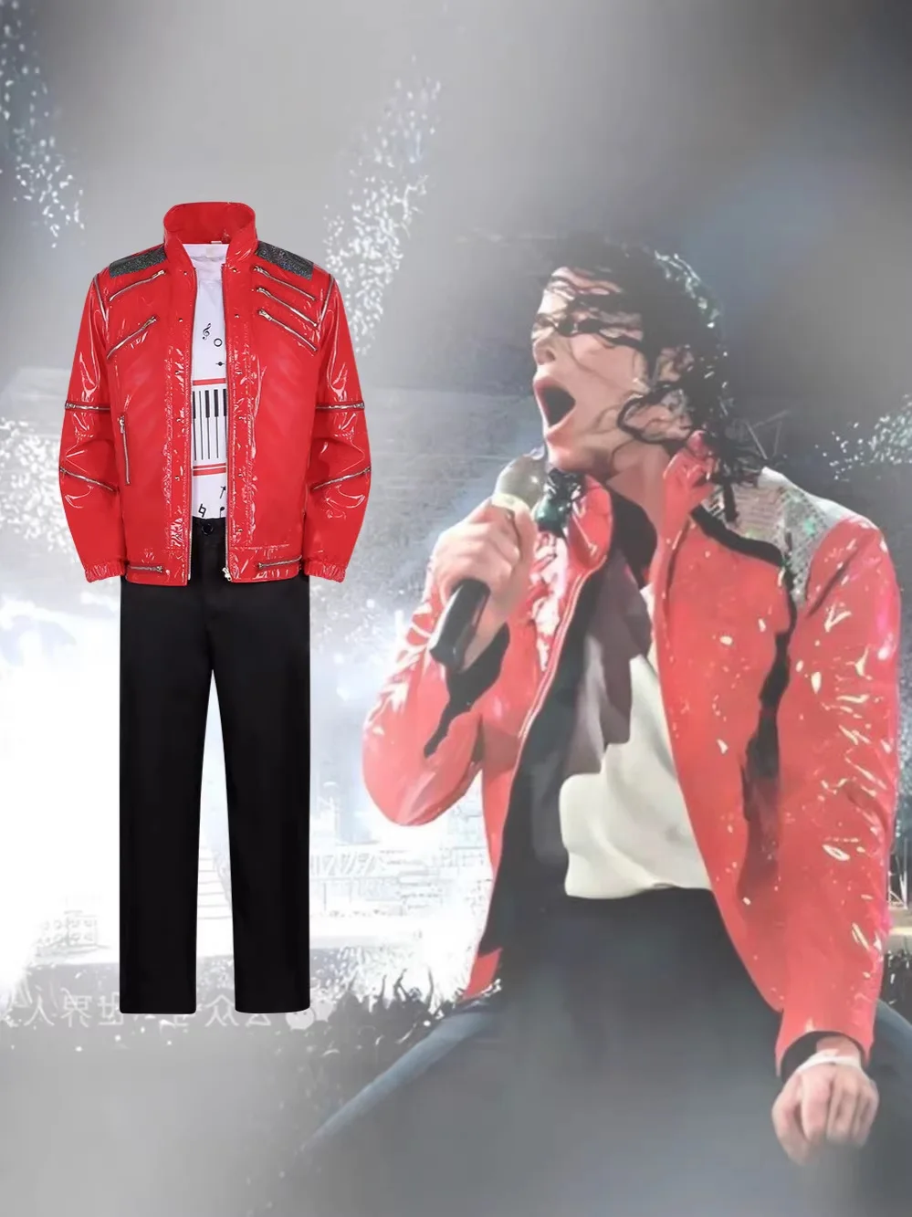 

Michael Jackson The King of Pop Cosplay Red Leather Jacket Stage Role Play Outfit Halloween Carnival Party Performance Dress Up