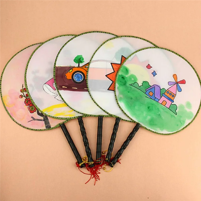 10 Pcs 21cm Blank Fan Children's DIY Painting Fan Silk Cloth Fan Plastic Hand Handle Round Fan