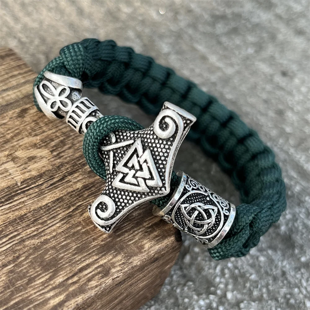 Viking Thor Hammer Valknut Vegvisir Runes Beads Jewelry Handmade Braided DIY Paracord Bracelet Mens Womens Accessories