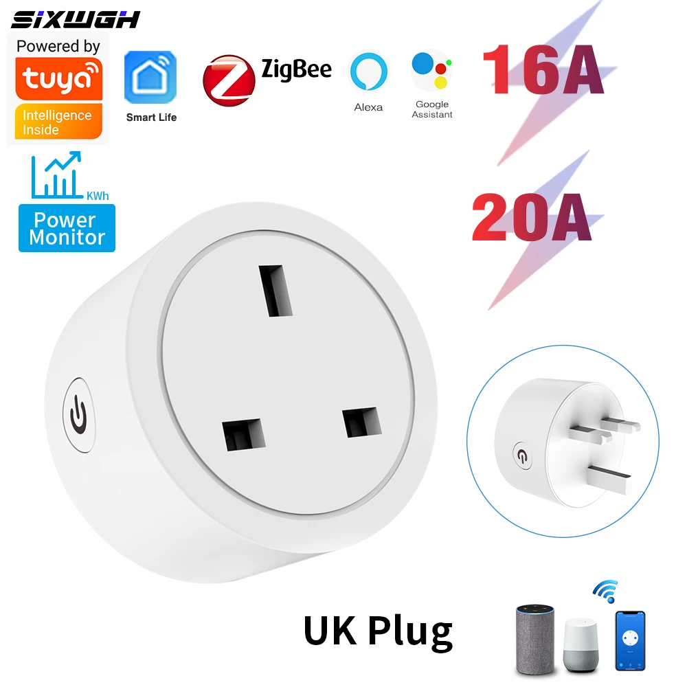 Tomada Inteligente Tuya Zigbee 20A com Medição de Energia e Temporizador, Compatível com App Smart Life, Alexa e Google Home (Controle por Voz)