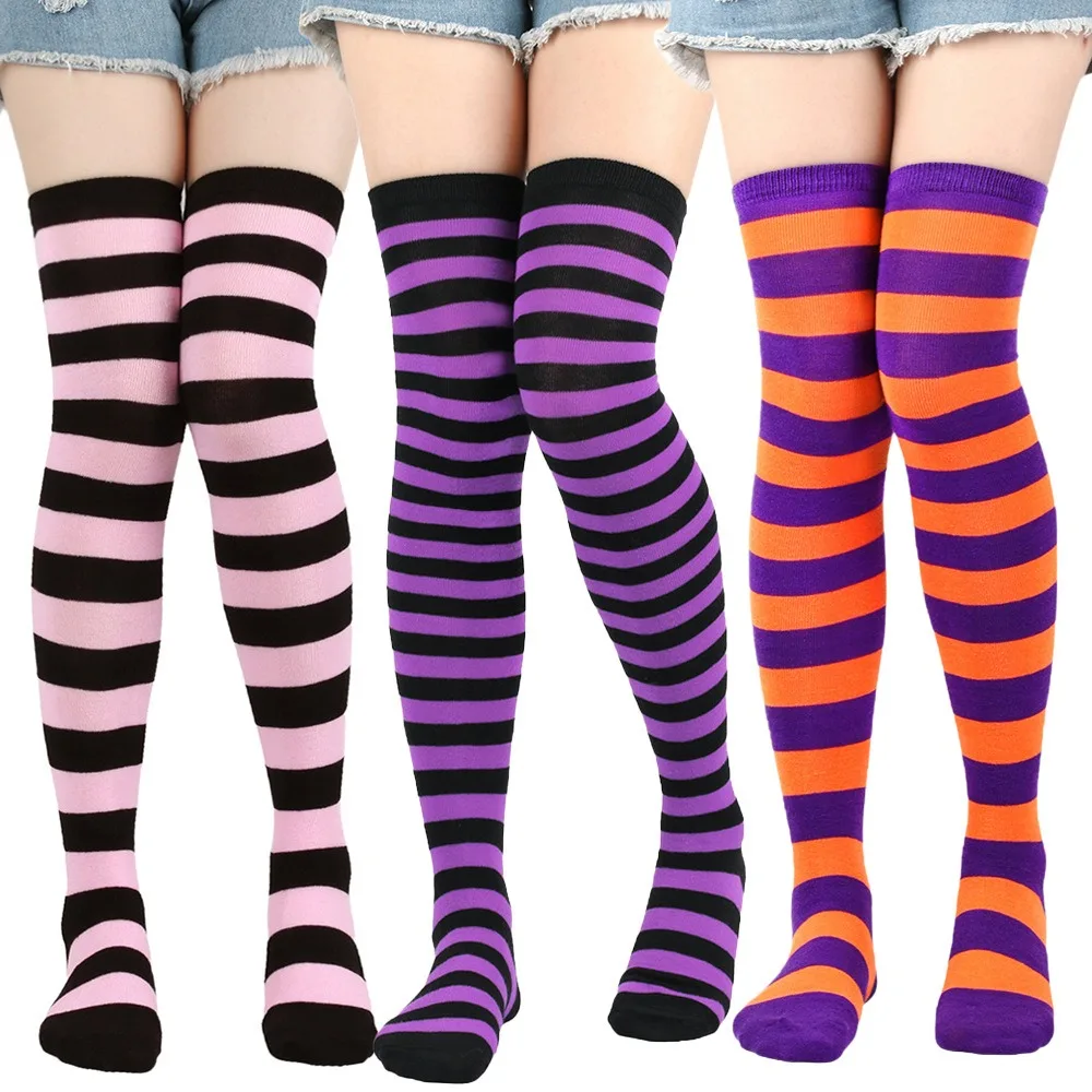 Women Christmas Knitted Striped Thigh High Socks Over Knee Long Stockings Anime Cosplay Party Costume Socks