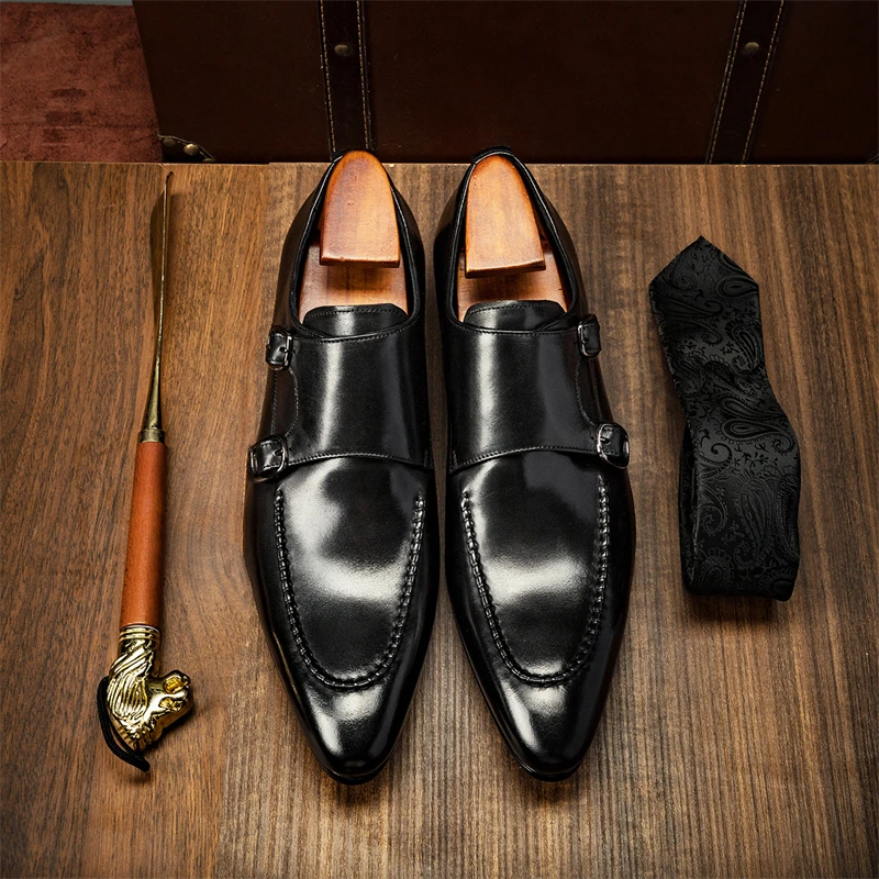 

New Wedding Dress Leather Shoes Men High End Business Formal Pointed Toe Munk Shoes Male Genuine Leather Casual Loafers Oxfords