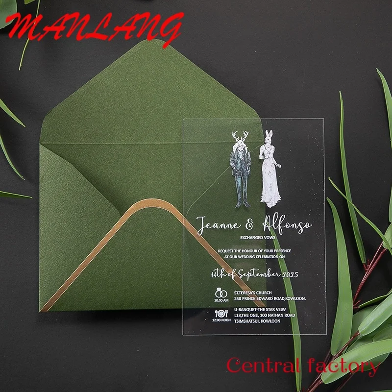 Cartões de casamento acrílicos com envelope, personalizado cortado, convites de nome, design