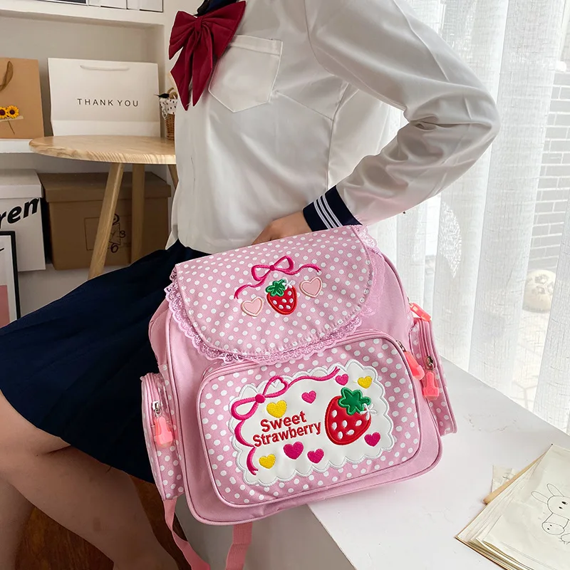 Mochila escolar Kawaii para niños, morral con bordado de fresas y puntos, Mochila de nailon con múltiples bolsillos, a la moda, para adolescentes