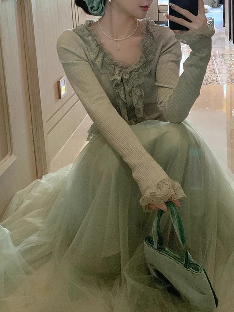 Primavera 2025 renda guarnição fino ajuste superior e me saia conjunto de duas peças vento suave nova chegada longo sve fibra poliéster faion conjunto