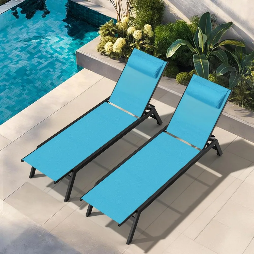 

Outdoor Aluminum Lounge Chair -Set of 2 with 5 Position Adjustable Backrest, Textilene Fabric, Two Wheels, Headrest for Pool, Be