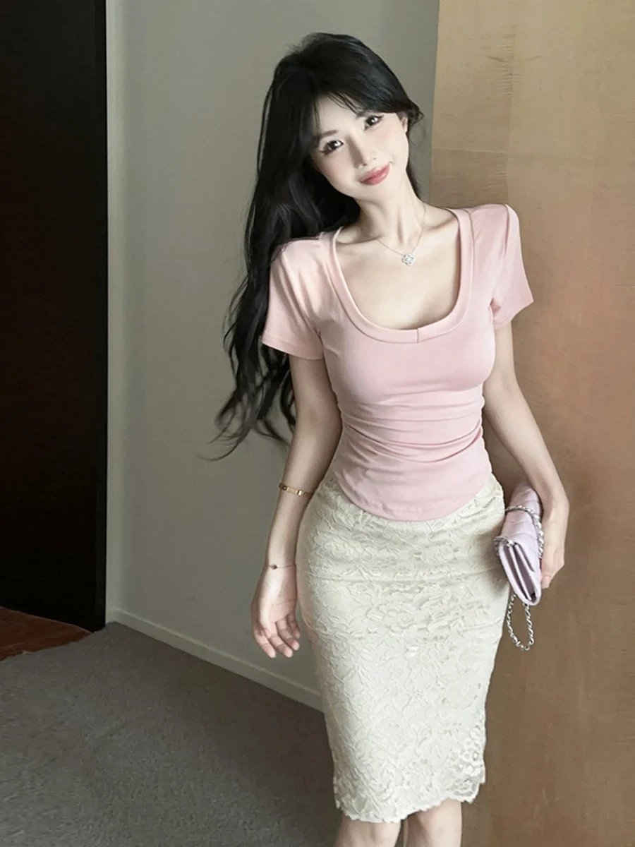 

Pure Desire Sexy U-Ne ort Sve T-irt Top Lace Slit f Skirt Set Faionable Slim Fit Adult Women's Summer Outfit