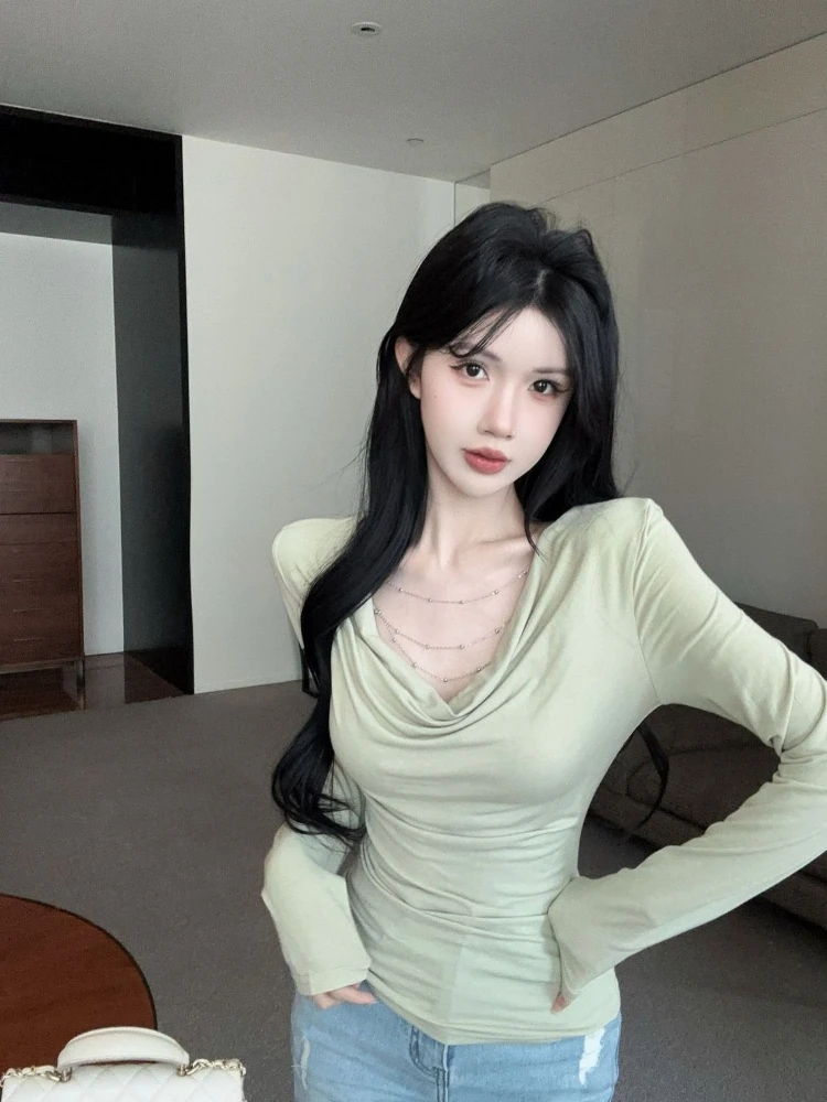 

Women Autumn New Long Sleeve T Shirt Korean Pure Seductive Vibe Chain Cowl Neck Slimming Bodycon Designer Top Stunning