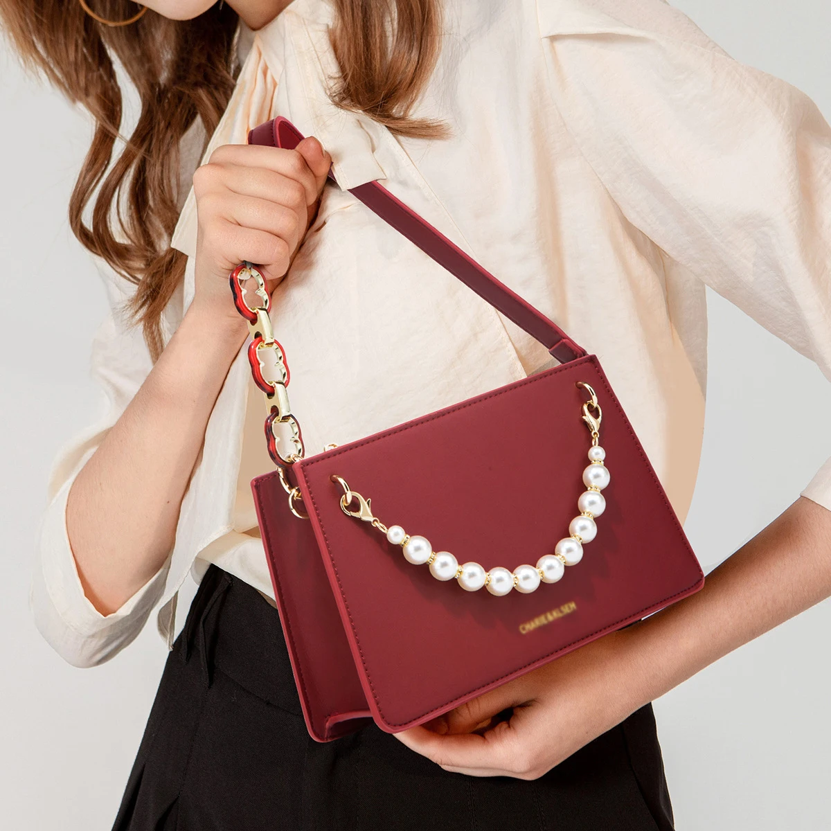 Elegant Pearl Red Women's Handbag 2022 New Autumn Fashion PU Leather Crossbody Bag For Women Female Chic Messenger Bag