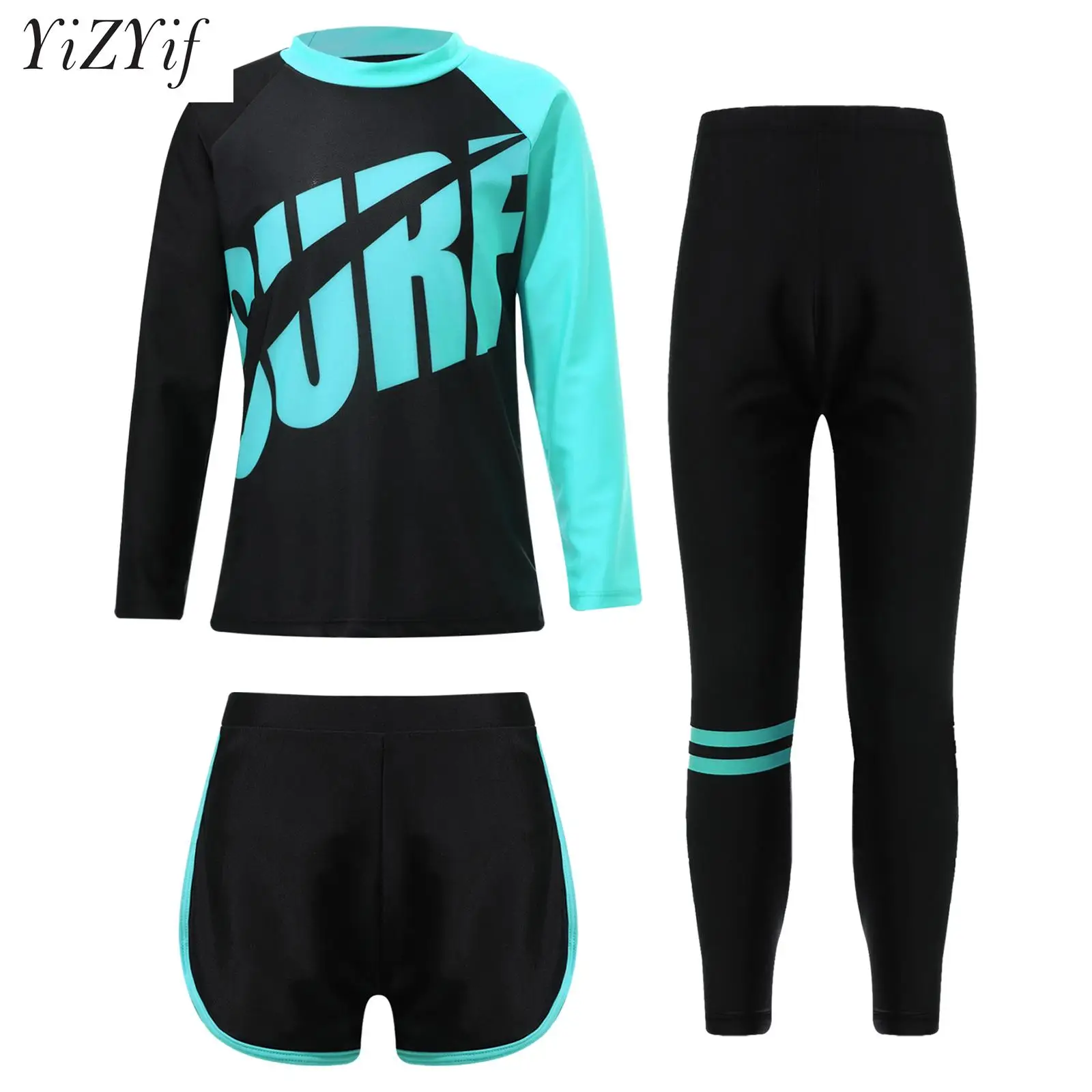 3Pcs Sun Protection Sport Swimsuit for Girls Boys Long Sleeve Rash Guard Top Shorts and Legging Swimwear Sunsuit Wetsuit Outfit