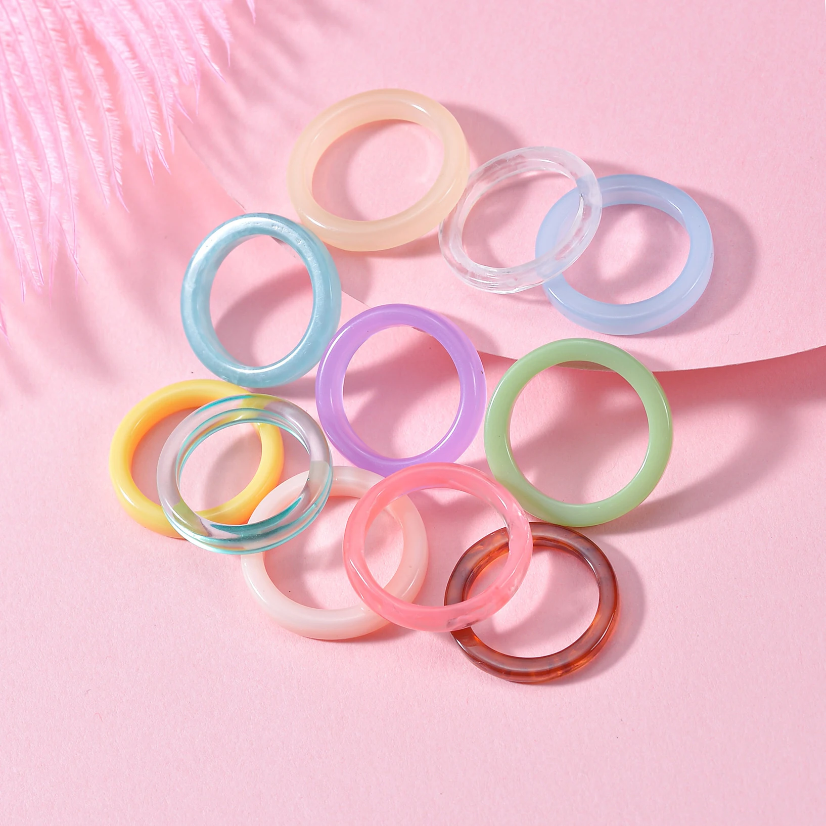 MeMolissa 11pcs/Set Colorful Transparent Acrylic Rings Round Marble Pattern Resin Acetate Rings for Women Girls Jewelry