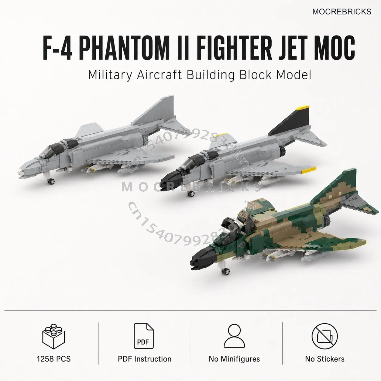 MOC Classic Twin-Engine Fighter Building Blocks Military Jet Airplane Bricks Supersonic Interceptor Model Toys For Adults