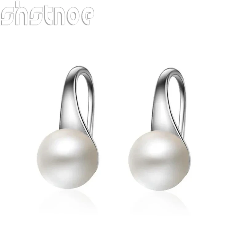 

SHSTONE 925 sterling Silver Earrings Drop Women Round Natural Freshwater Pearl Hook Dangle Earring Ear Drops Brincos De Prata