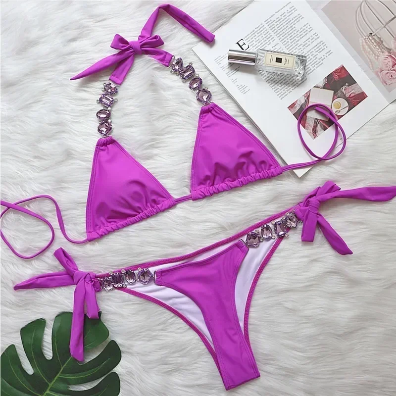 Red Rhinestones Sexy Bikinis 2024 Women Swimwear Female Swimsuit Swim Wear Bathing Suits Brazilian Bikini Set Beach Pool Bather