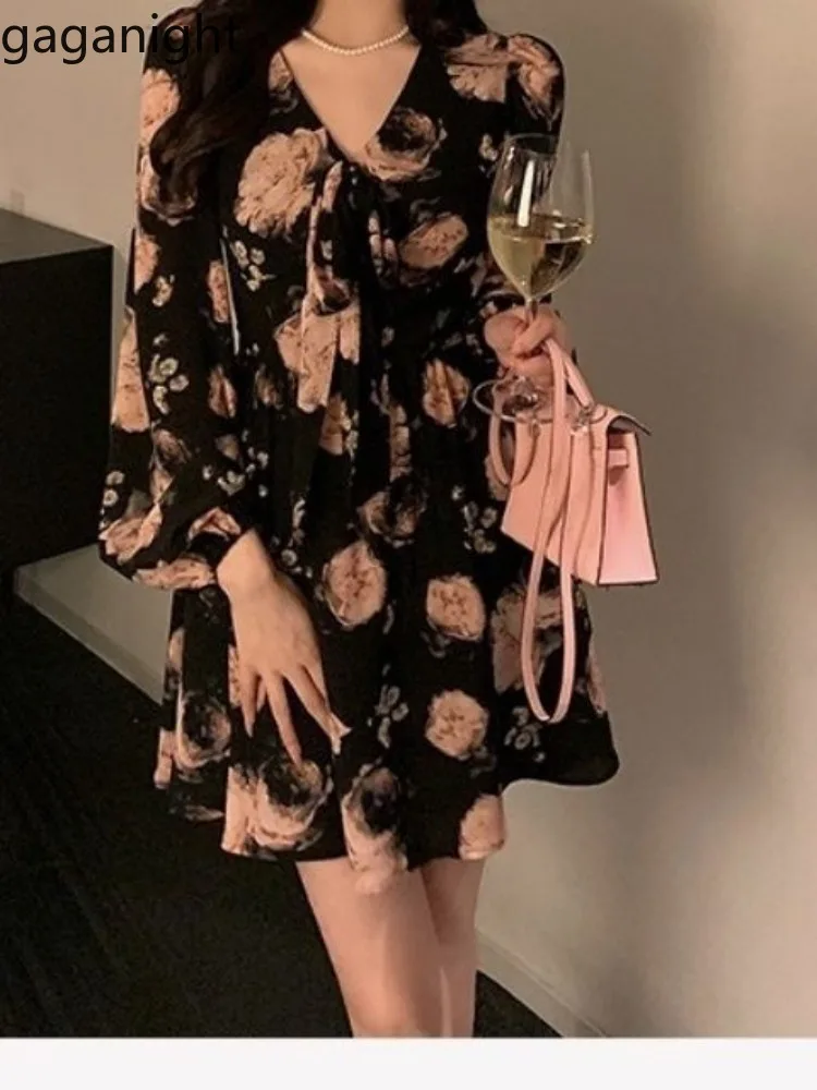 

Gaganight Women Dresses Long Sleeve Rose Floral Printed V Neck Spring Summer Vintage Elegant Mini Dress Female Casual Chic