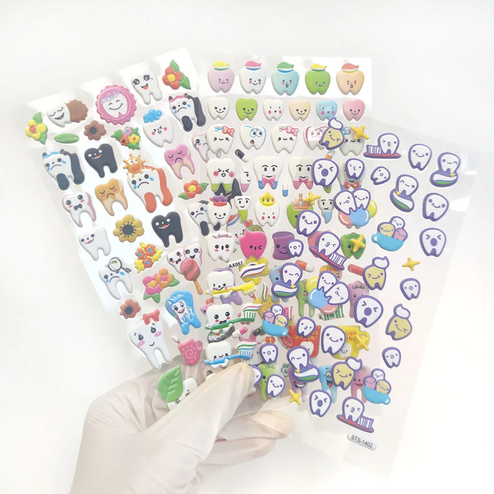 6 Sheets Dental 3D Stickers Reward Cute Tooth Shaped Cartoon Scrapbook for Dentistry Clinic Kids Gift Dentist Decoration Tool