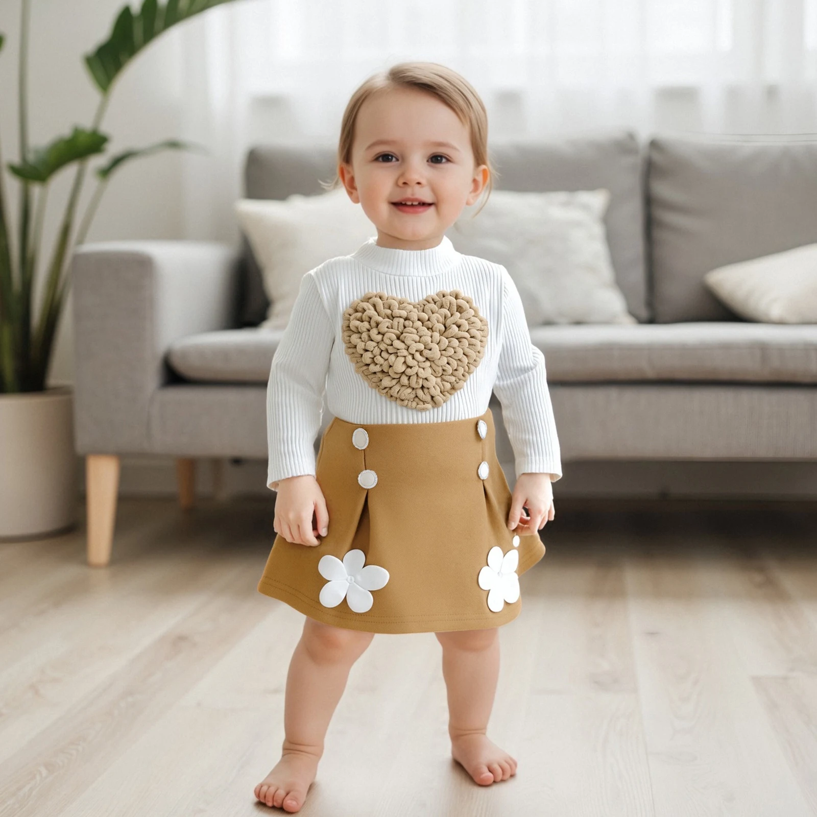 0-3Y Toddler Girl Fall Outfit Heart Mock Neck Long Sleeve Tops with 3D Flower Mini A Line Skirt 2Pcs Sets