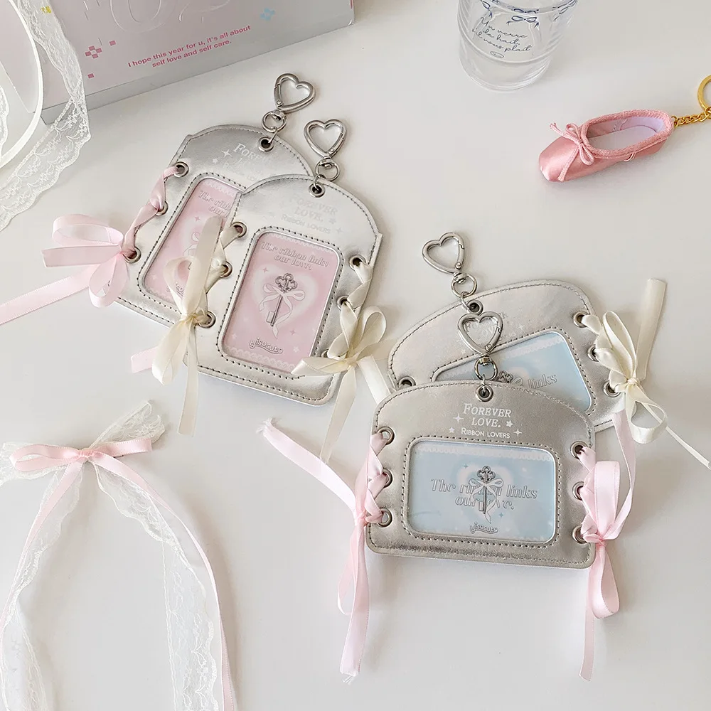 NS Fashion Simple Silver Love Ballet Style 3-inch Leather Card Cover Cute Girl Idol Photo Storage Card Cover Work ID Card Cover