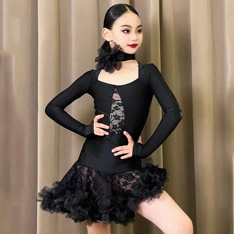 Kids Latin Dance Clothes Girls Long Sleeves Black Lace Dress Cha Cha Rumba Performance Costume Latin Competition Dress DNV21182