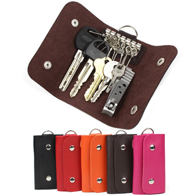 1 PC Portable Leather Housekeeper Holders Car Keychain Key Holder Bag Case Unisex Wallet Cover Simple Solid Color Storage Bag