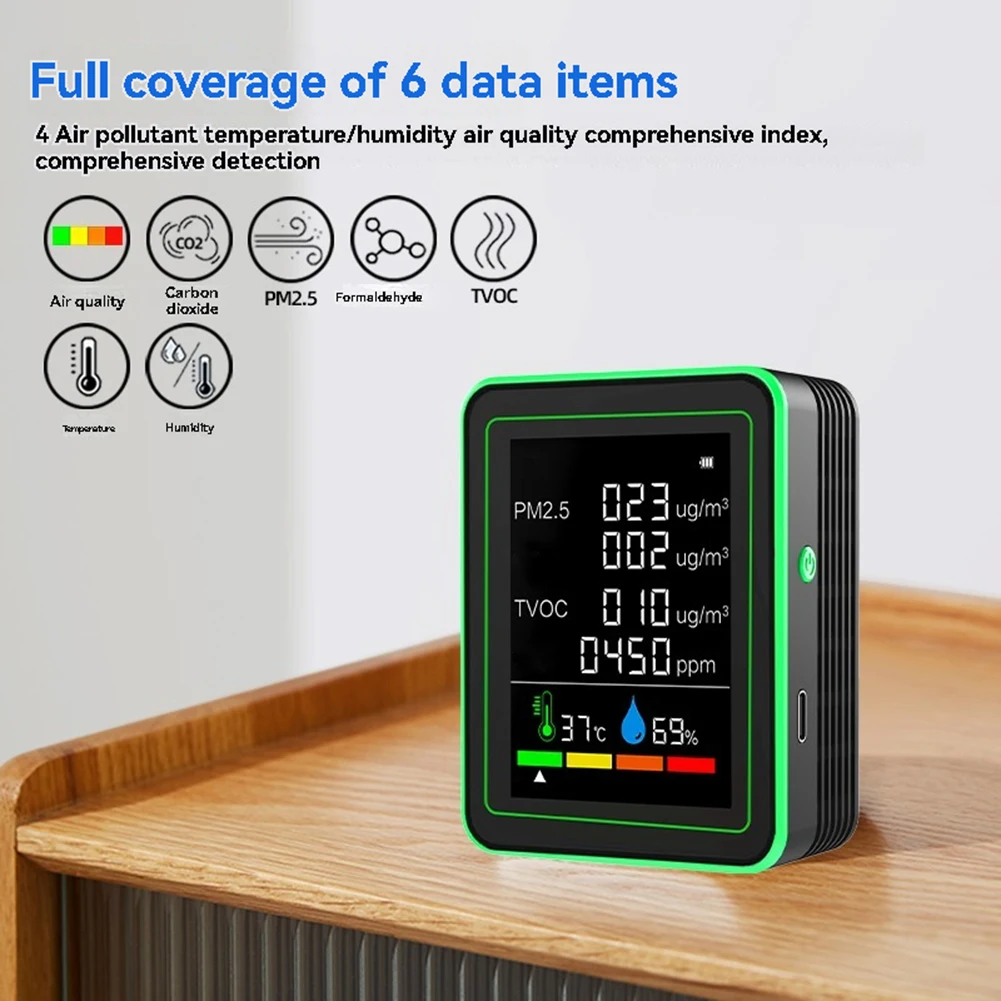 6 In 1 MT26WT Air Quality Monitor 1200mAh PM2.5 TVOC Temperature And Humidity Detection Comprehensive Monitoring Of Indoor Air