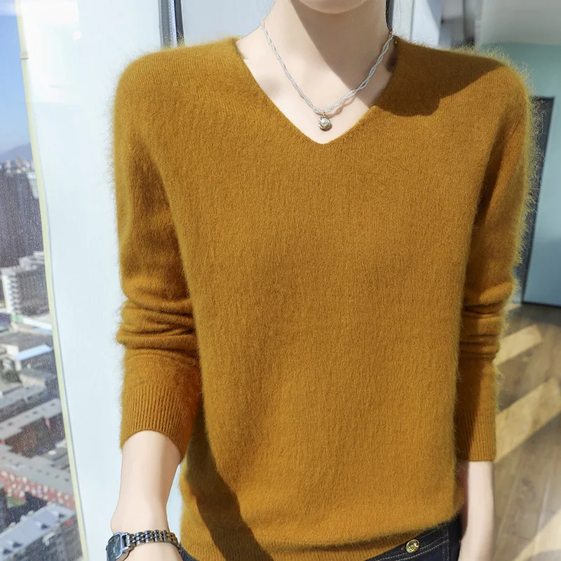 

DjzDsm Super Warm 100% Mink Cashmere Women Sweaters V-Neck And Pullovers Winter High Elasticity Soft Tops Casual Basic Jumper