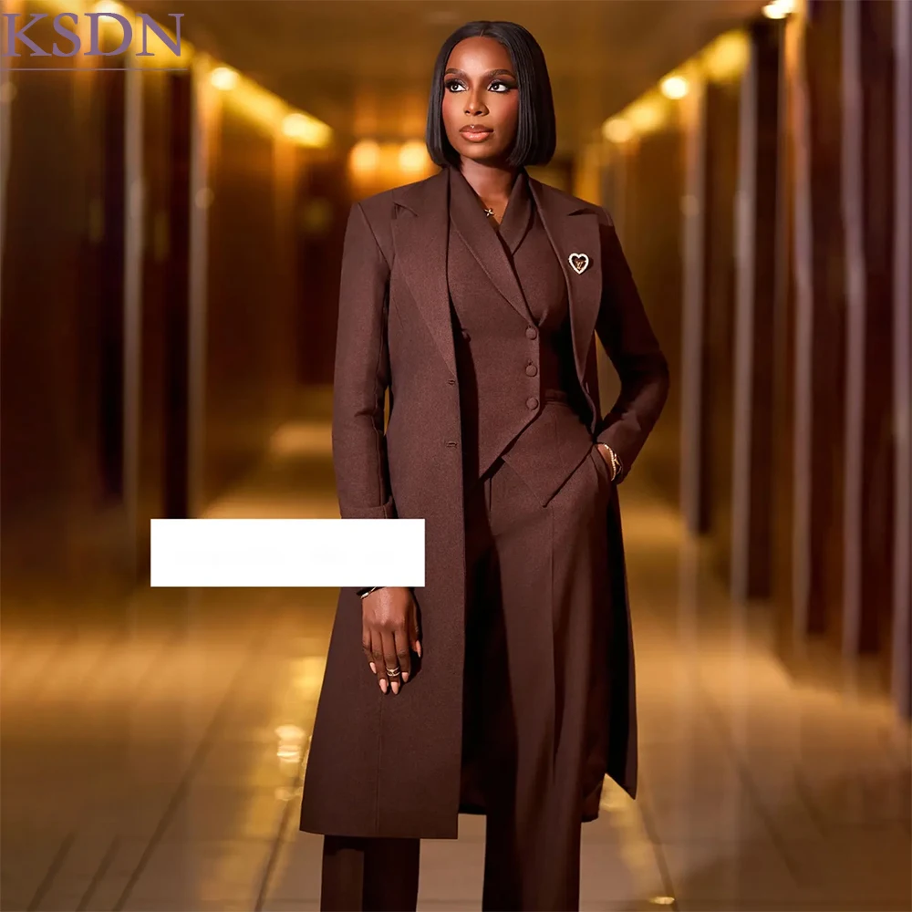 Elegant Women's Suits Fashion Long Overcoat Customized Business Single Breasted 3 Piece Jacket Pants Vest For Office Lady