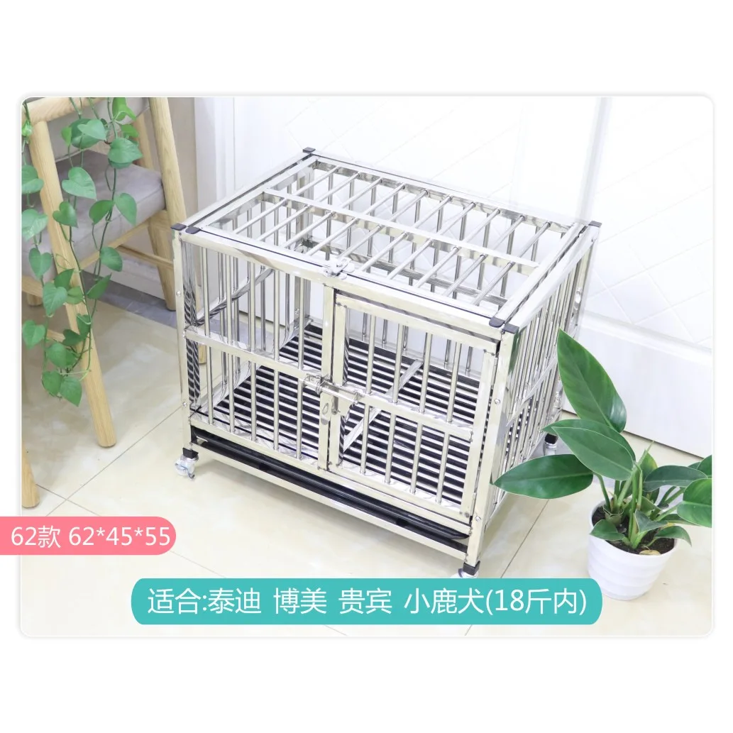 Stainless Steel Dog Crate 62x45x55cm, Heavy Duty Pet Kennel with Wheels & Pull Out Tray for Small Dogs Indoor Use