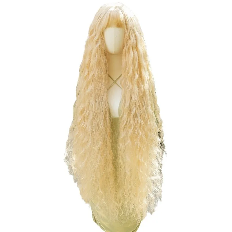 Peluca con flequillo Rubio Extra largo de 44 pulgadas, pelo rizado sintético para mujer, peluca con flequillo para fiesta de Cosplay, peluca Natural