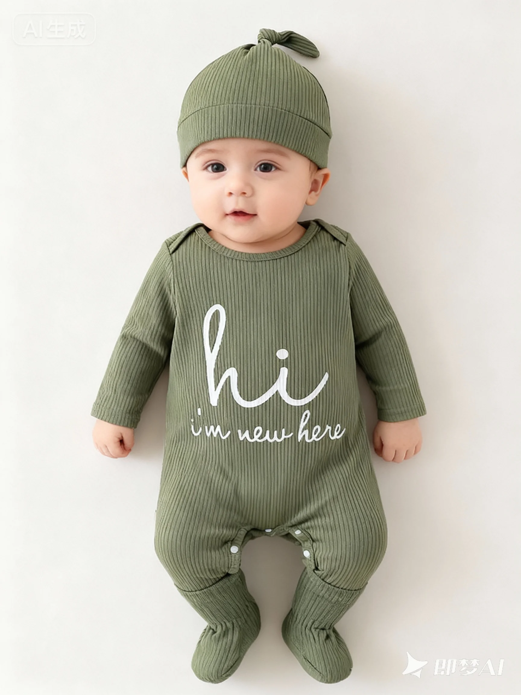 Modischer, süßer Overall mit Alphabet-Motiv, einfarbig, mit Rundhalsausschnitt und langen Ärmeln für Babys, Jungen, inklusive Mütze und Socken. – Detail 1