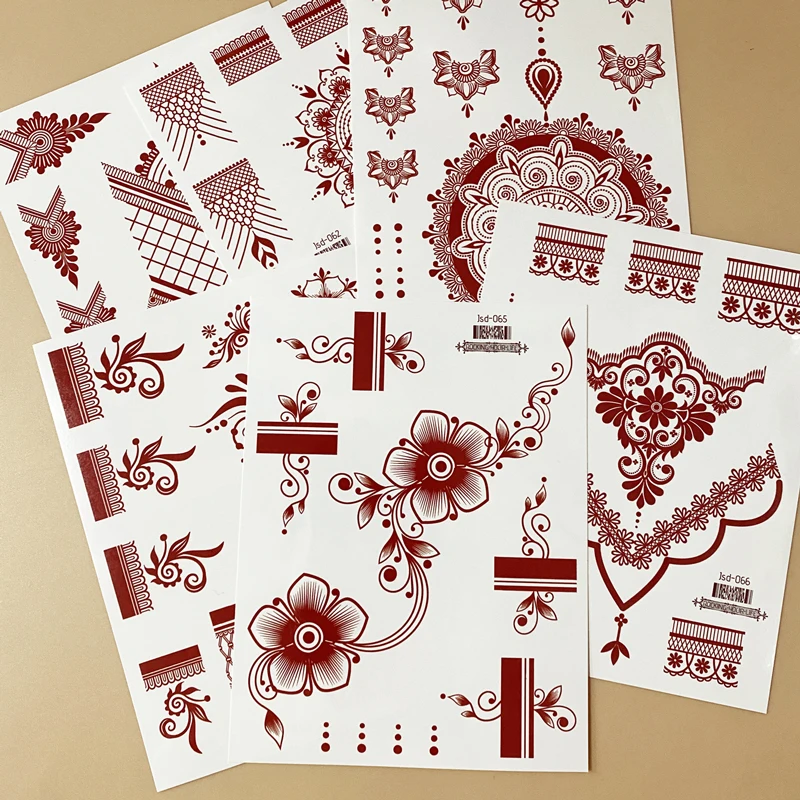 6 個あずき色の花一時的なタトゥー女性用防水ヘナタトゥーステッカー手とボディアートフェイクタトゥーリムーバブル