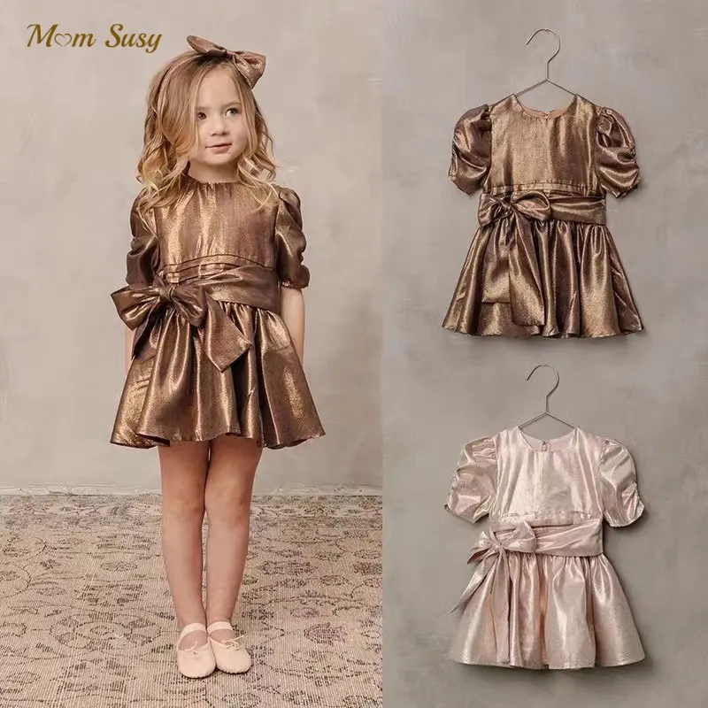 Baby Girl Princess Vintage Dress Golden Pink Infant Toddler Kid Bow Vestido Costume Party Birthday Ball Gown Baby Clothes 1-10Y