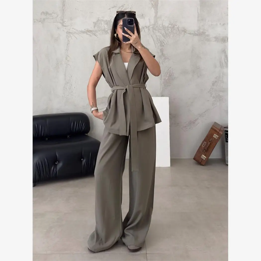 

Летний костюм-двойка с поясом, длинные брюки с высокой талией, женский открытый кардиган, модный ансамбль для детей 25–35 лет