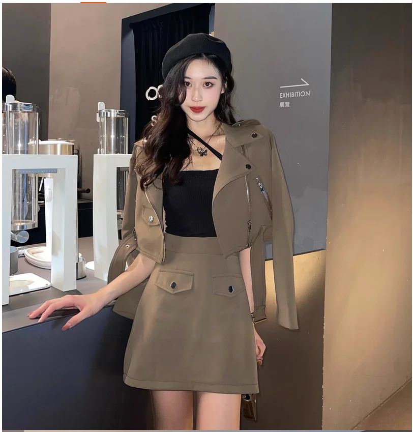 Spring women's short motorcycle jacket temperament short skirt two-piece set