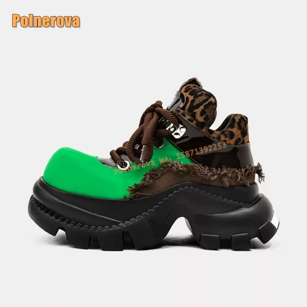 Leopard Lace-Up Green and Black Ankle Round Toe Tank Sole Platform Tassel Patchwork Punk Spicy Girl Sneakers 2024 Winter Newest