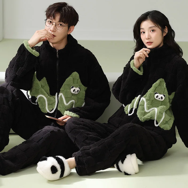 Couples Pajamas Sets Women Men Winter Thicken Pyjamas Sleepwear Cartoon Dinosaur Korean Lovers Homewear Soft Warm Pijama Hoodies