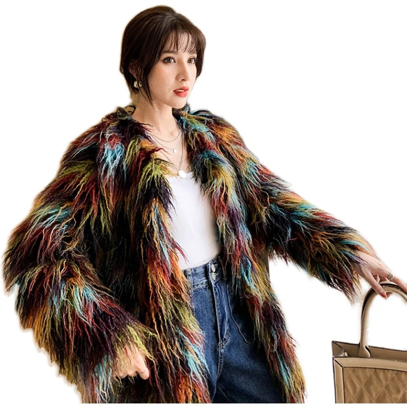 Winter Mixed Color Faux Mink Fur Coat Mid-length Thickened Imitation Beach Wool Fox Fur Fluffy Bomber Jacket Flocking Cardigan