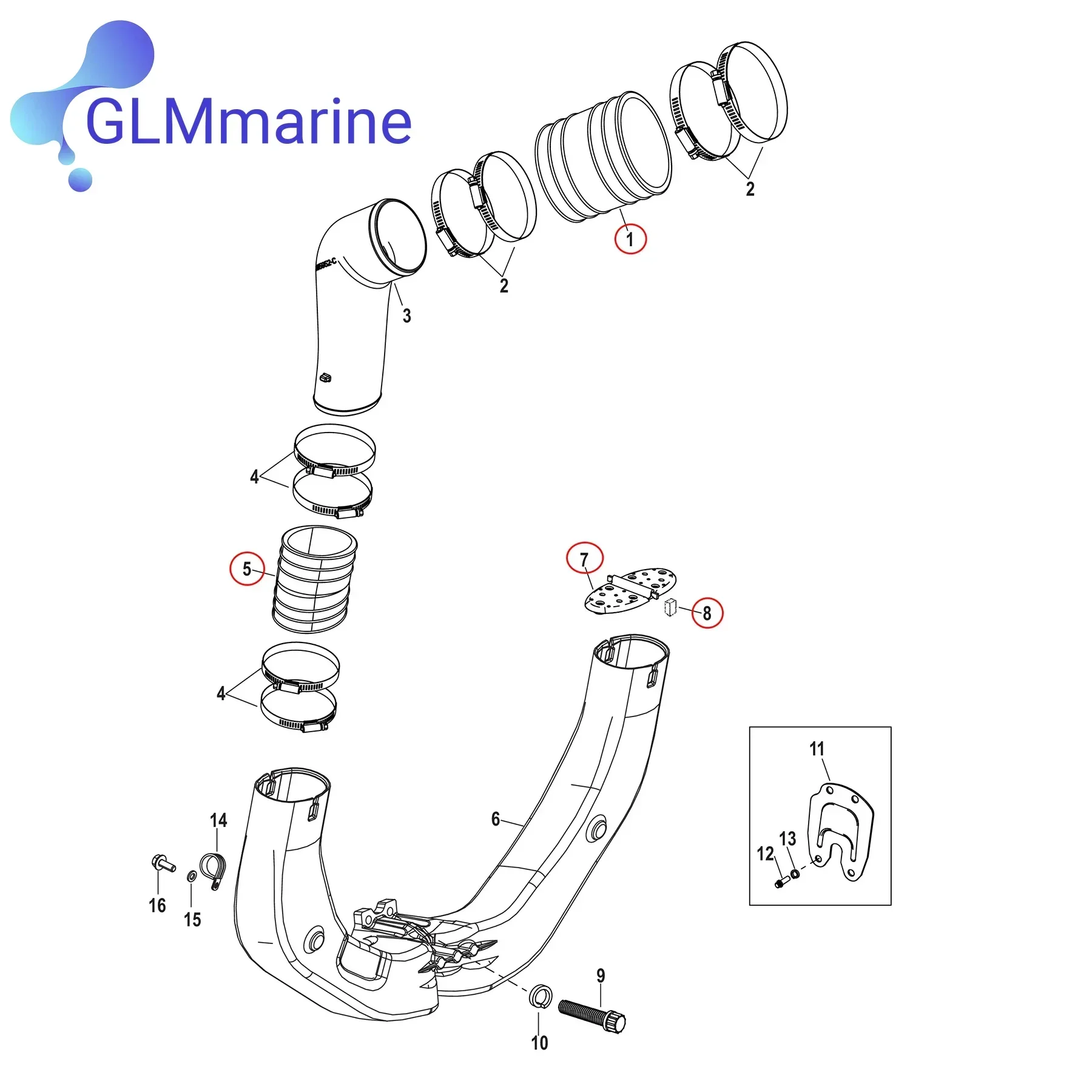 Kit de mangueira de escape de tubos Y, substituição para MerCruiser, V6, motores V8, 32-44348T, 32-14358T, 807166A1, Sierra 18-2746, 18-2748