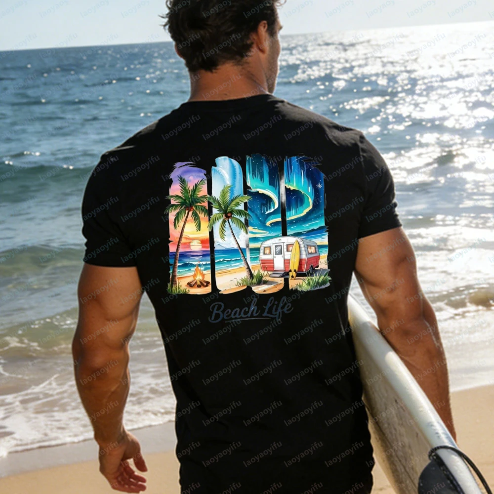 Beach Life T-Shirt Women Watercolor Palm Tree Camper Graphic Tees Casual Short Sleeve Cotton Tops Summer Camping Vacation Shirts