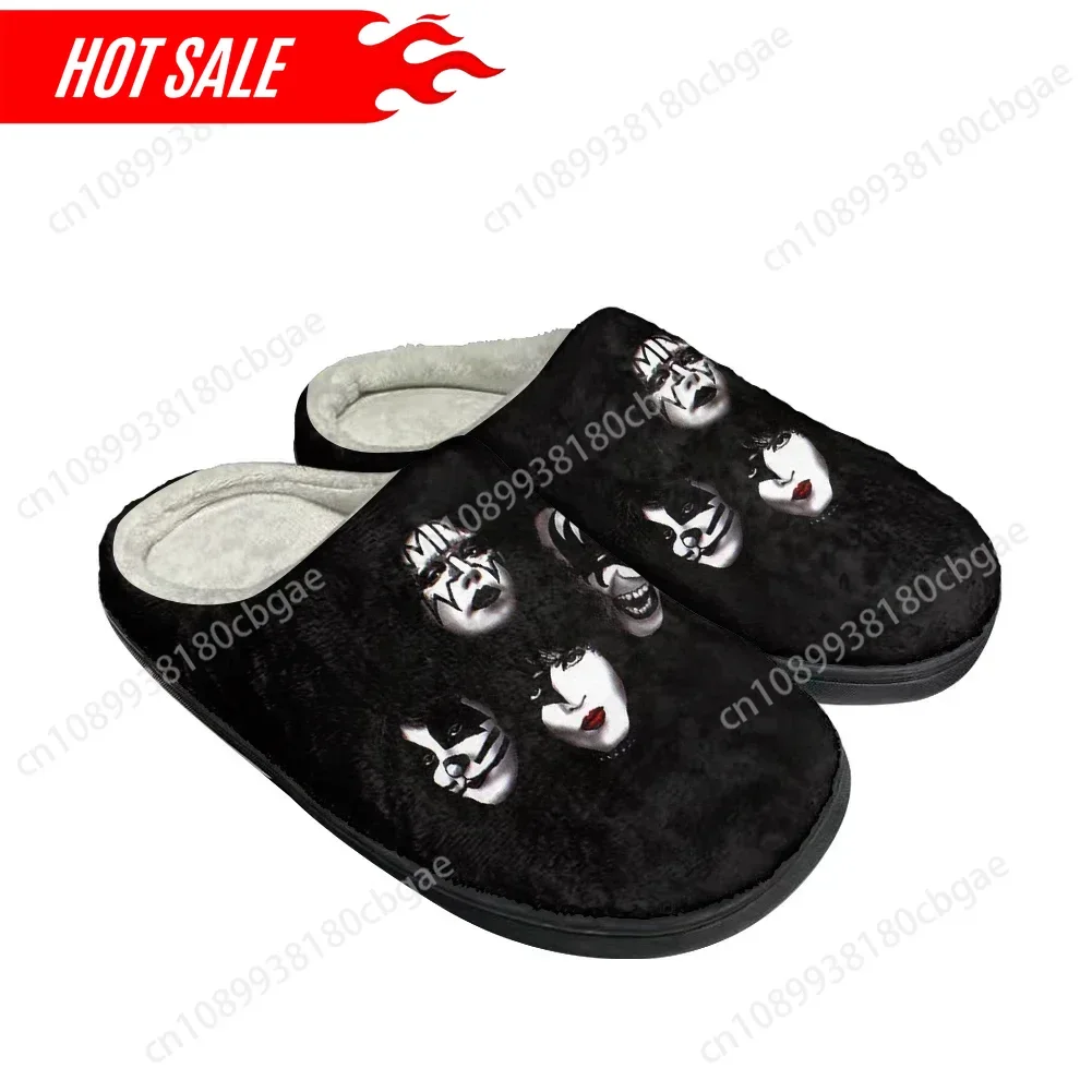 Zapatillas personalizadas de algodón a la moda con banda Kiss, sandalias para hombre y mujer, zapatos informales de felpa para mantener el calor, zapatilla térmica cómoda