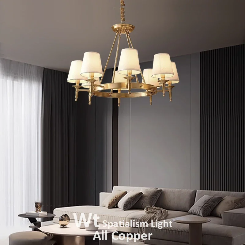American Copper Chandelier LED Living Room Bedroom Study Restaurant Kitchen Designer Fabric Art Retro Luxury Indoor Pendant Lamp